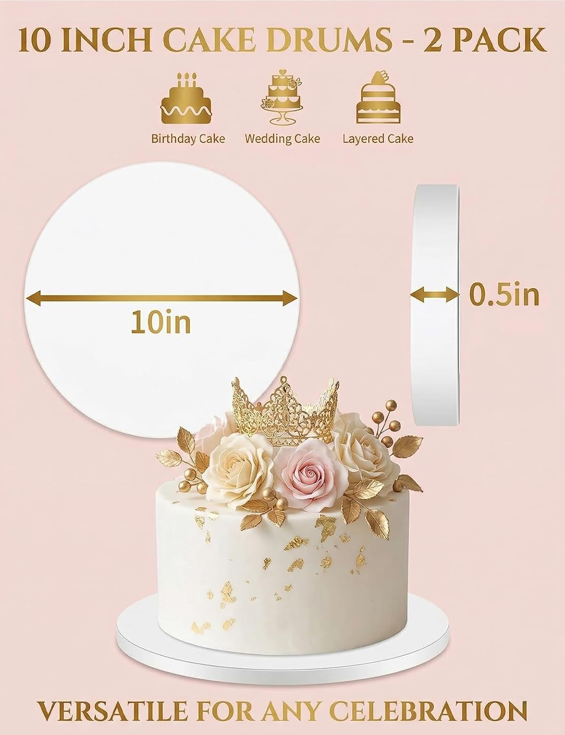 2 Pack 10 Inch Cake Drums Round, 1/2" Thick Sturdy 10 Inch Cake Boards, Grease Resistant Corrugated Cardboard Cake Base for Professional Baking, Weddings & Birthday Displays