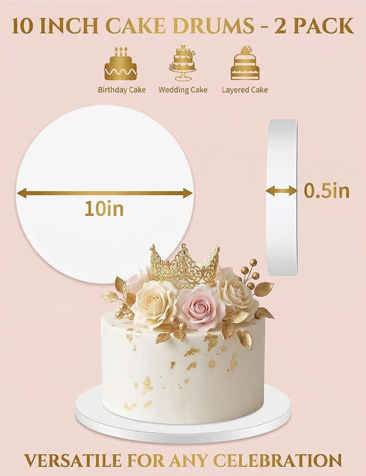 2 Pack 10 Inch Cake Drums Round, 1/2" Thick Sturdy 10 Inch Cake Boards, Grease Resistant Corrugated Cardboard Cake Base for Professional Baking, Weddings & Birthday Displays