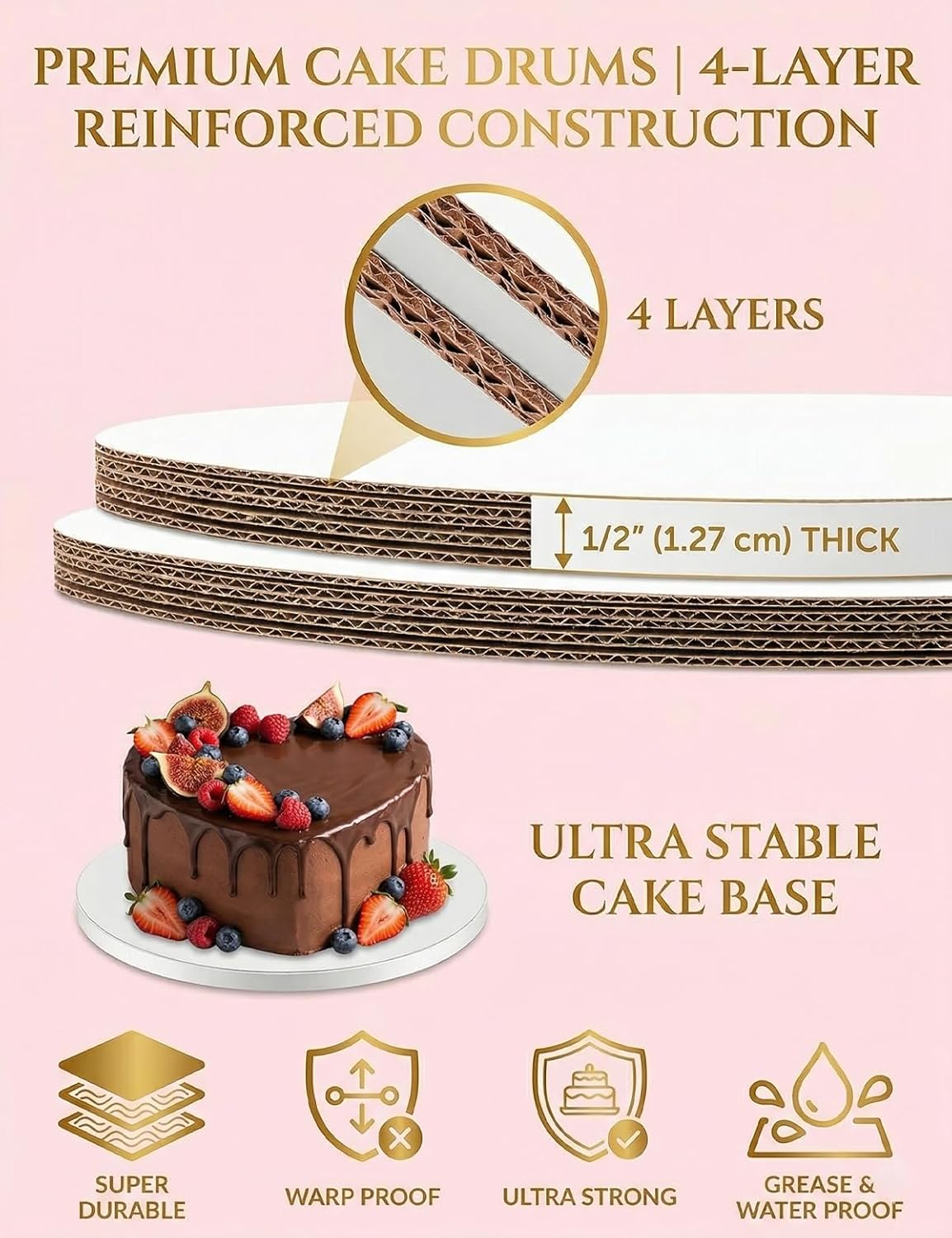 2 Pack 10 Inch Cake Drums Round, 1/2" Thick Sturdy 10 Inch Cake Boards, Grease Resistant Corrugated Cardboard Cake Base for Professional Baking, Weddings & Birthday Displays