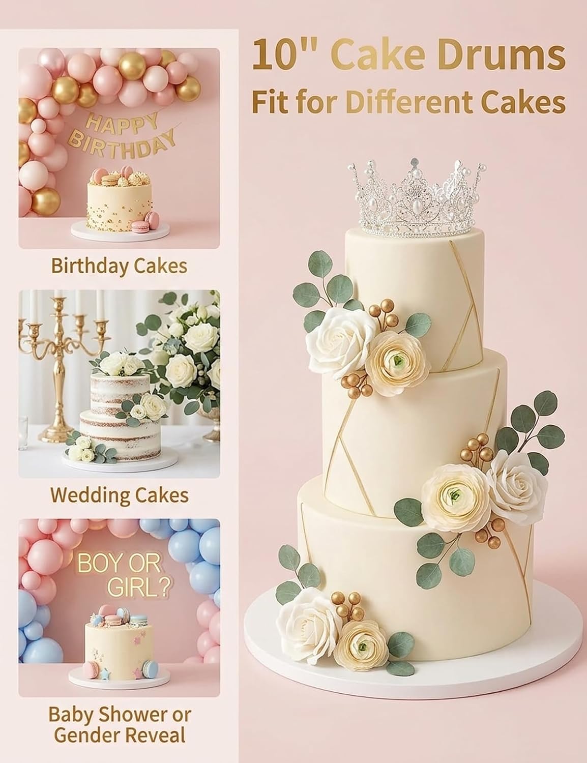 2 Pack 10 Inch Cake Drums Round, 1/2" Thick Sturdy 10 Inch Cake Boards, Grease Resistant Corrugated Cardboard Cake Base for Professional Baking, Weddings & Birthday Displays
