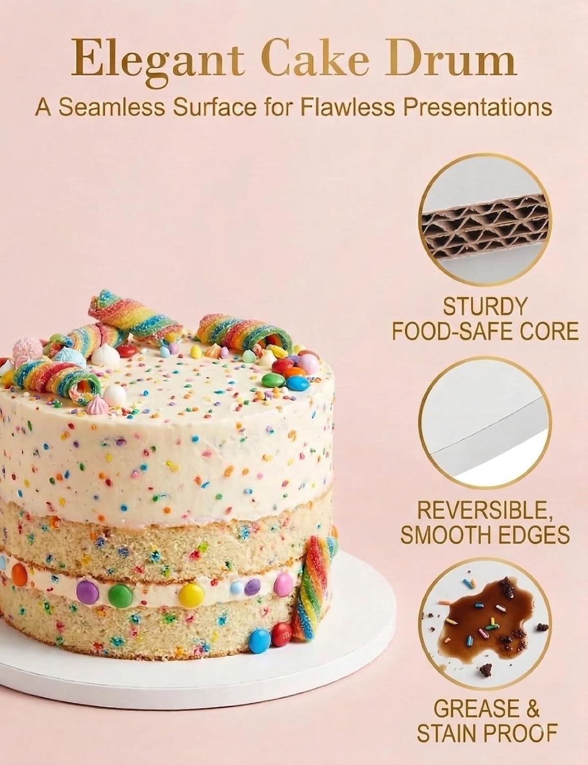 2 Pack 10 Inch Cake Drums Round, 1/2" Thick Sturdy 10 Inch Cake Boards, Grease Resistant Corrugated Cardboard Cake Base for Professional Baking, Weddings & Birthday Displays