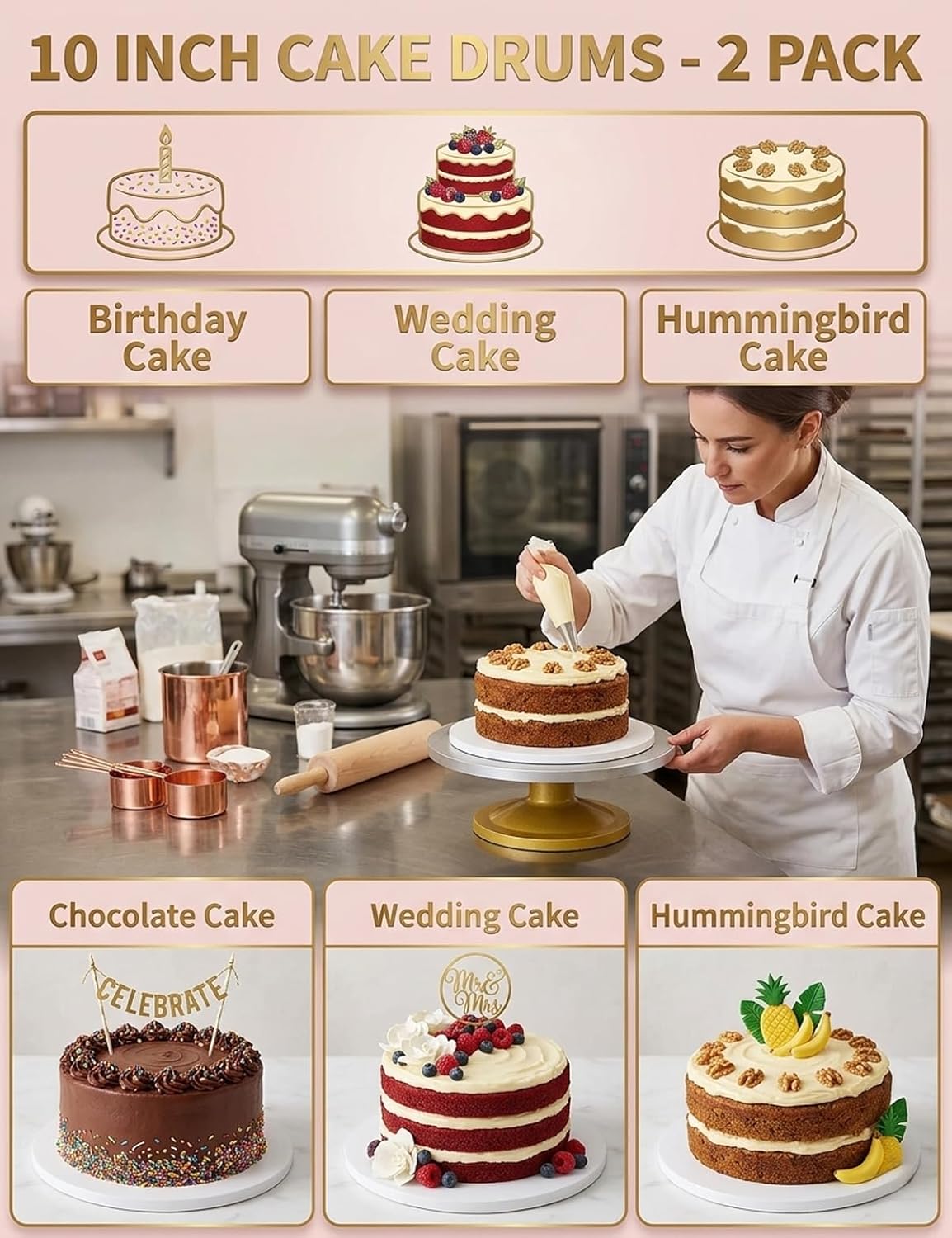 2 Pack 10 Inch Cake Drums Round, 1/2" Thick Sturdy 10 Inch Cake Boards, Grease Resistant Corrugated Cardboard Cake Base for Professional Baking, Weddings & Birthday Displays